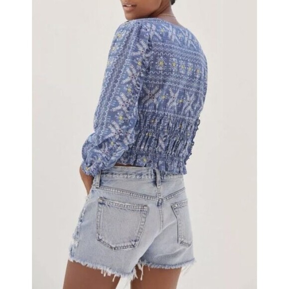 ~Anthropologie Forever That Girl S Embroidered Smocked Blouse Blue Faux Wrap Top - Picture 2 of 16
